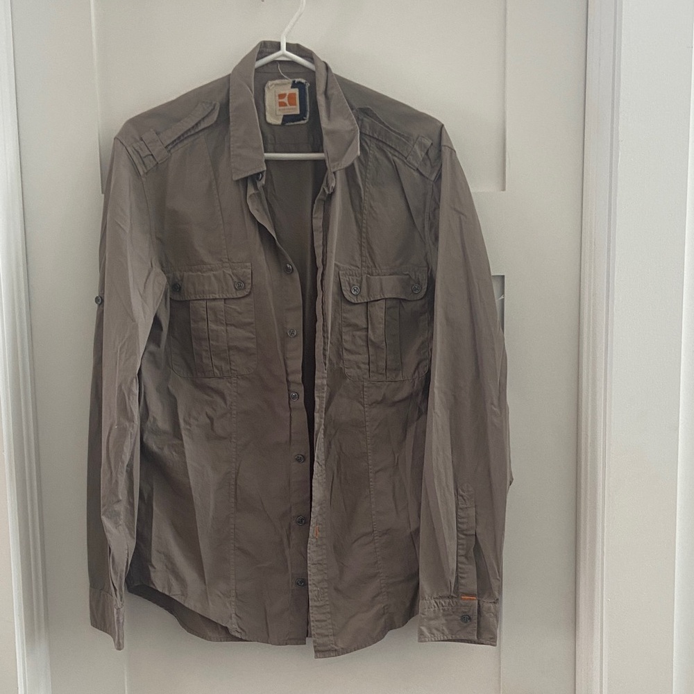 Boss orange button shirt.